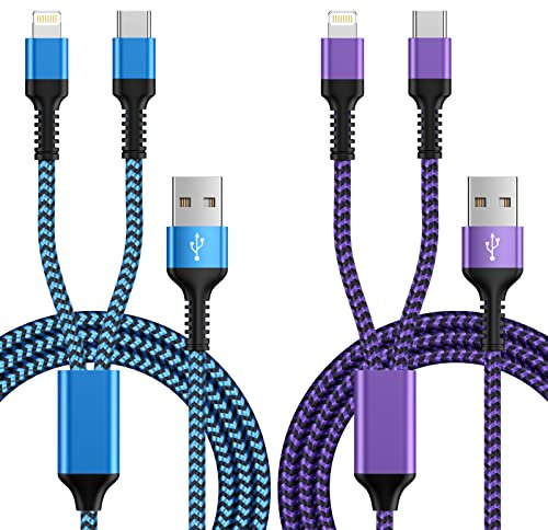 USB C and Lightning Cable 2 in 1, Multi Charger Cable [2Pack 1.2M], Multiple USB Cable Type C for iPhone 16 15, Samsung Galaxy S25/S24/S23/S22/A15/Z Flip, iPhone Charging Lead for iPhone 14 13 12 11