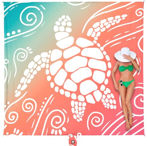 WEKAPO Beach Blanket Waterproof Sandproof Oversized Extra Large Sand Free Beach Mat with Stakes, Storage Bag - Essentials for Outdoor Beach, Picnic (Sea Turtle, 8 X 7 FT (1~4 Person))
