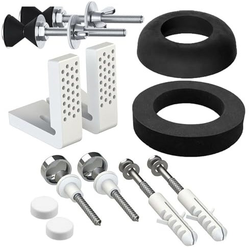 SPARES2GO Universal Toilet Fixing Kit (Angled Pan Floor Bracket + Cistern Leak Seal Accessory Set)