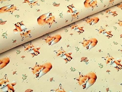 Eigenproduktion French Terry Sweet Baby Fuchs auf Hell Ocker Stoff Meterware Kleiderstoff Kinderstoff