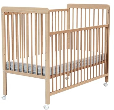 AT4 - Babybett Holz mit Matratze 60x120 ESSENTIEL Buche Lackierte |Kinderbett | Mit 4 rollen | Mit Verstellbarer Lattenrost 3 stufen