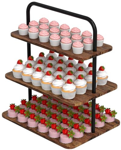 VyGrow 3-Tier Cupcake Stand Wood & Metal Tower Display Premium Holder Dessert Tree Tower for Birthday Cady Bar Decor Weddings, Party Serving Tray, Rectangle Display Rack
