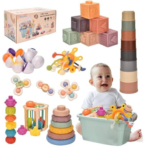 Majabike Montessoriii Spielzeug 7 in 1Baby Spielzeug 6 9 12 Monate 1 Jahr,Sortier Stapelspielzeug,Baby Feinmotorik Sensorisches,Hand Auge Koordination Motorikspielzeug Geschenk für Junge Mädchen