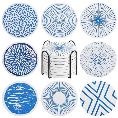 ZOFUN 16 Pcs Coasters Set Anti Slip, 10.3 x 0.7 cm Ceramic Coaster Set of 8 Paintings, Round Coasters with Cork Base, Blue & White Painted Ceramic Coasters for Coffee Table, Party, Office, Gifting
