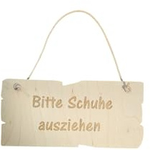 Holzschild Bitte Schuhe ausziehen, 17 x 8 x 4 cm, Birkenholz, Lederband Hinweisschild