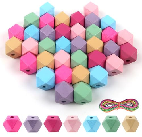 TOAOB 42 Stück Natürliche Achteckig Bunte Holzperlen zum auffädeln Holzkugeln 20mm mit Loch set Geometrische Holz Perlen Basteln für DIY Schmuck Herstellung