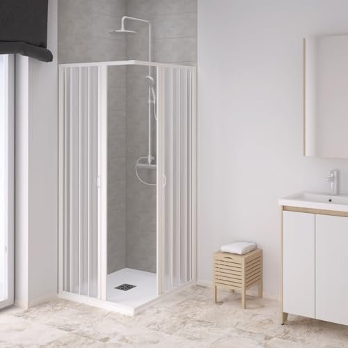 Forte Box doccia Nova Sky a soffietto angolare in PVC, Anticalcare, Riducibile, Resistente agli urti, Kit completo, Bianco pastello H 185 cm (Bianco, 65x65x185)