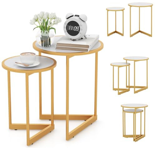 LIFEZEAL Couchtisch 2er Set, Stapelbare Satztische mit Marmoreffekt, Runder Sofatisch Wohnzimmertisch mit goldenem Stahlrahmen, Modern Design (Weiß + Gold)
