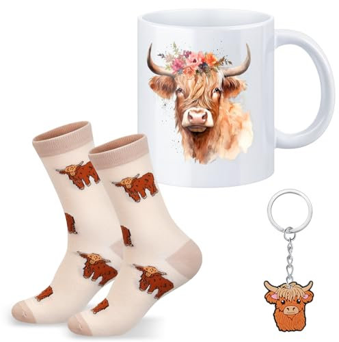 Hestya 3 Pieces Highland Cow Gift Set for Women Include 1 Ceramic Mug, 1 Pair of Socks, 1 Keyring and a Pink Present Box for Cow Birthday Animal Themed Party and Scottish Gifts