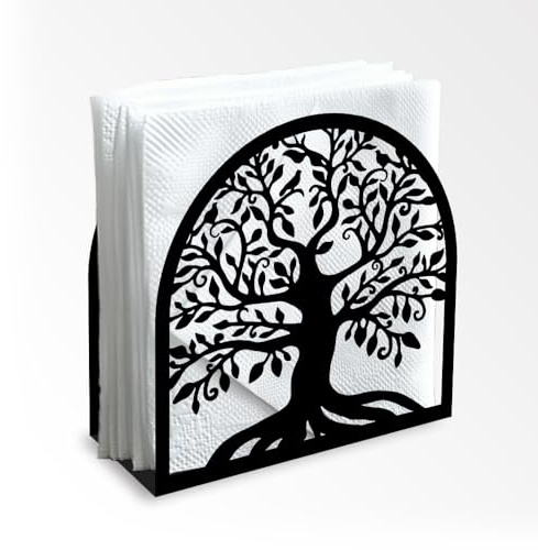 Doodlream Porte-serviettes décoratif en métal noir Arbre de Vie pour table, 12 x 12 x 5 cm, support à serviettes debout pour maison, cuisine, restaurant, pique-nique, fête, café, bar, salle à manger