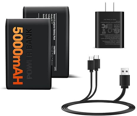 WAMOVAL Lot de 2 piles rechargeables Li-polymère 5 V 5000 mAh pour chaussettes chauffantes, semelles intérieures, gants, chapeau, écharpe, batterie de rechange avec 4 réglages
