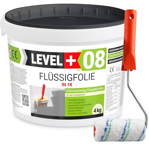 Level + 08 Flüssigfolie für Bad, Dusche & Küche – Dichtfolie unter Fliesen | auf Beton, Putz & Estrich – Gebrauchsfertig, Wasserdichte Verbundabdichtung für Innenräume – 4 kg mit Farbroller 10cm
