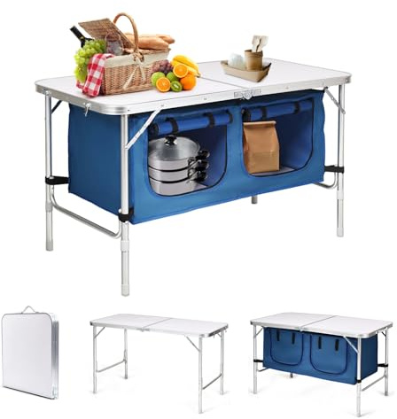 KOMFOTTEU Mesa de Camping Plegable con Altura Ajustable, Mesa de Picnic de Aluminio con Armarios, para Barbacoa, Fiesta, 120 x 61 x 53,5 cm