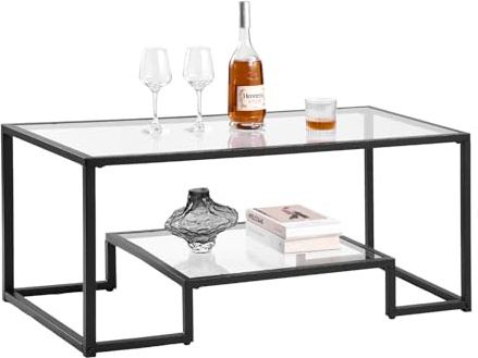 VEVOR Glass Coffee Table, Modern Glass Coffee Table, 2 Tiers Rectangle Glass Center Desk with Open Storage, Minimalist Sturdy Metal Frame Accent End Desk for Living Room, Office, Easy Assembly