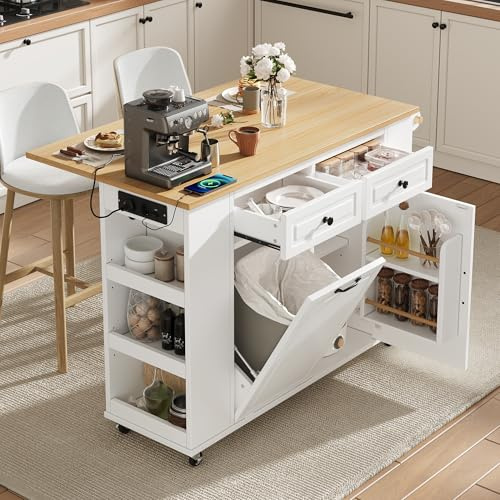 Yihomfy Îlot de Cuisine Blanc avec Table Extensible-Intègre Poubelle, Porte-Serviettes-Meuble Multifonction pour Cuisine et Salle à Manger, Économique d'Espace (Blanc, 120x40x91.5 cm)