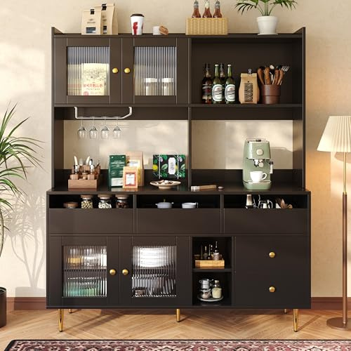 Yihomfy Buffet Cuisine Rangement 145 x 171 cm, Vaisselier Armoire de Cuisine Haute Meuble de Cuisine Style Noir avec Portes en Verre Strié, Cave à Vin, Étagère Réglable, Idéal pour Salle à Manger