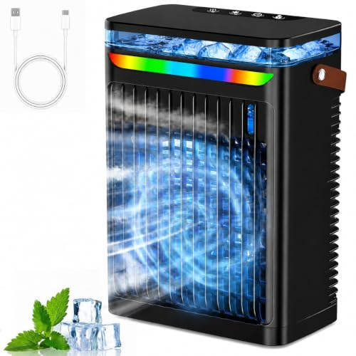 Portable Air Conditioner, 3 in 1 Evaporative Cooling Fan, Add Water or Ice, 6 Wind Speeds, 1-6H Timer, 7-Colour Night Light, Personal Desk Air Cooler for Bedroom, Home Office, Living Room (Black)