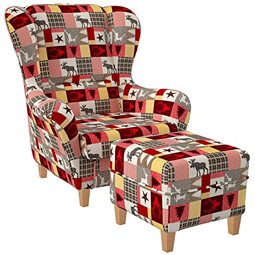 Supellex Ohrensessel »Sofia«, Design Schwedisch-Landhaus Patchwork, Elch, Hirsch, rot (Design-Nr.: 5101), wahlweise mit Hocker