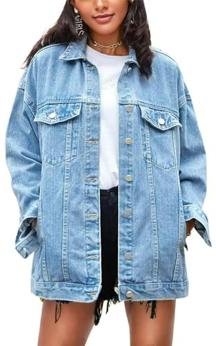 Omoone Women's Oversized Mid Long Denim Jacket Jean Biker Coat(0199-Denim Blue-M)