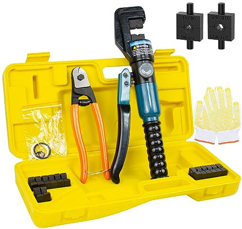 BLIKA Pince à sertir pour câble de batterie hydraulique 10 tonnes avec 9 matrices et coupe-câble, pour raccords de câble en acier inoxydable de 0,3 cm à 0,9 cm