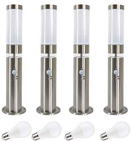 Dapo 4 x Wand- oder Sockelleuchten Lisa Außenwandleuchte mit Hauptlicht E27 + LED Grundlicht und Bewegungsmelder Edelstahl Außenlampe Außenleuchte (Lisa 3-Sockel +E27 LED)