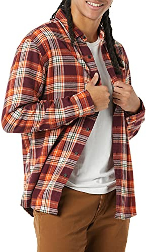 Amazon Essentials Chemise en Flanelle à Manches Longues Homme, Bordeaux Orange Écossais, XL