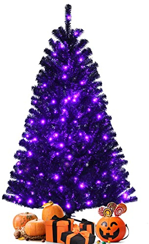 COSTWAY 150/180cm LED Weihnachtsbaum mit lila Leuchten, Künstlicher Tannenbaum schwarz, Dekobaum für Halloween und Weihnachten, Kunstbaum mit Klappsystem und Metallständer (150cm)