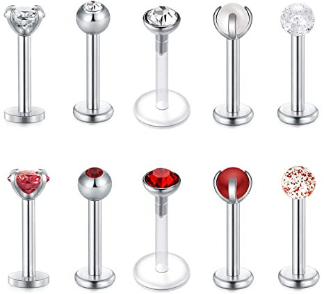 Funseedrr 10er 1.2mm Edelstahl Lippenpiercing Labret Stecker Set 8mm Silber Tragus Helix Piercing Schmuck