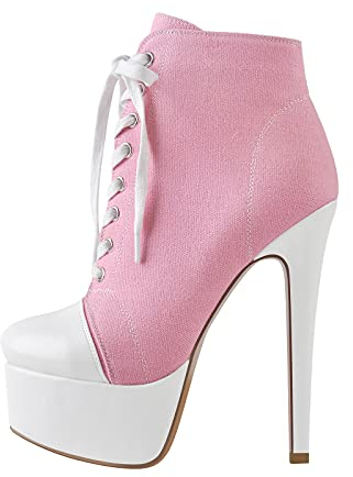 Only maker Damen Fashion Sneakers Plateau Stiefeletten Lace up Ankle Boots Schnürstiefeletten Stiletto Leinwand Rosa 38 EU