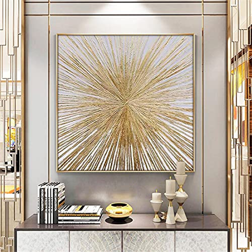 Impression sur toile Peinture à l'huile texturée concave sur toile Lignes dorées Art mural abstrait brillant doré soleil photo de bureau 80x80cm (31x31in) avec cadre