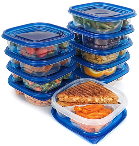 FRESHLY CONTAINED 10Stk x 2 Fächer Frischhaltedosen mit Deckel Kunststoff - 620ml Mehrweg Bento Box Plastikbehälter mit Deckel BPA-Frei - Brotdosen Stapelbar für Einfrieren/Mikrowellen/Spülmaschine
