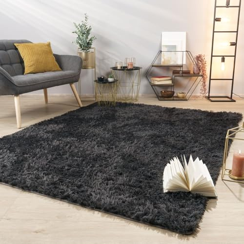 TT Home Teppich Wohnzimmer Hochflor Langflor Weich Soft Modernes Einfarbiges Design, Farbe: Grau Anthrazit, Größe:160 cm Rund