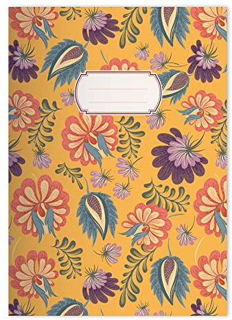 Kartenkaufrausch 2x Elegante florale DIN A5 Schulhefte, Rechenhefte mit üppigen Jugendstil Blüten in Gelb Lineatur 28 (kariertes Heft)