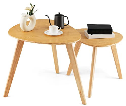 COSTWAY Nesting Coffee Tables Set of 2, Triangle Stackable Small Sofa Side Table, Solid Wood Nightstand Accent Cocktail Table End Tea Tables for Living Room, Bedroom and Balcony, Natural