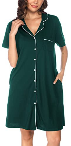 Vlazom Women Soft Nighties V-Neck Button Down Nightdress Classic Boyfriend Style Sleepshirt Relaxed Nightshirt Sleepwear Dark Green,L