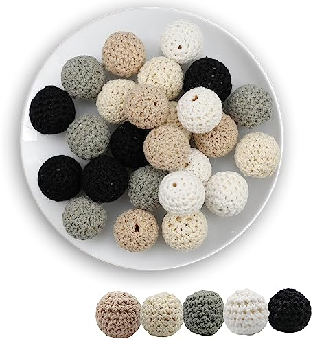 Honatrv 25er set Häkelperlen zum Auffädeln, Gehäkelt Holzperlen 20mm, Runde Gehäkelt Holzperlen mit Loch zum Auffädeln für DIY Basteln Set