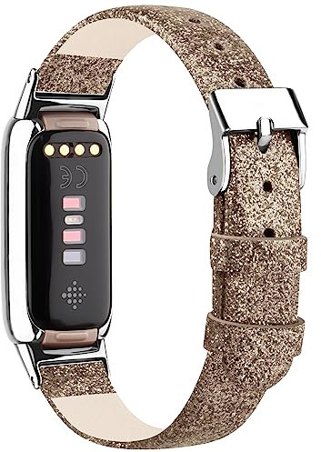 Lederarmband, kompatibel mit Fitbit Luxe, für Damen und Herren, weich, atmungsaktiv, Sportarmband, Metall, klassische Schnalle, Armband, Ersatz für Fitness-Tracker (Flash Gold)