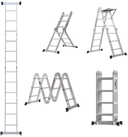 DICN Folding Ladder, Scaffolding Platform 7 in 1 Multi-Purpose as Double-Sided Herringbone Ladder Vertical Ladder Aluminium Folding Step Ladder, Silver, Aluminium - 4.7M