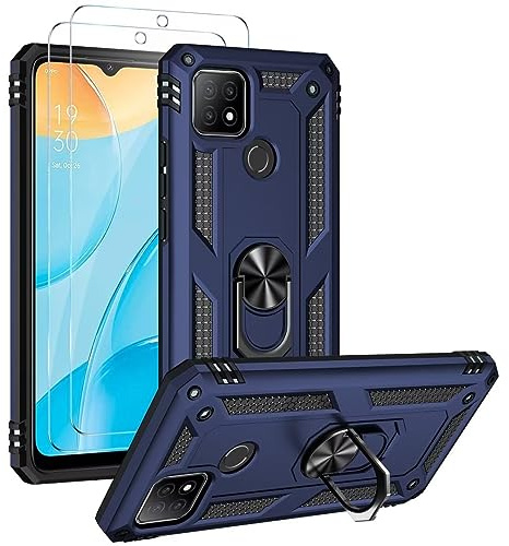 FMPCUON Coque pour Samsung Galaxy J4 Plus/J4 Prime/J4 Core avec 2 Verre Trempé, Anneau Support Militaire Anti-Chute Renforcée Bumper Antichoc TPU Souple et PC Rigide Protection Etui Bleu