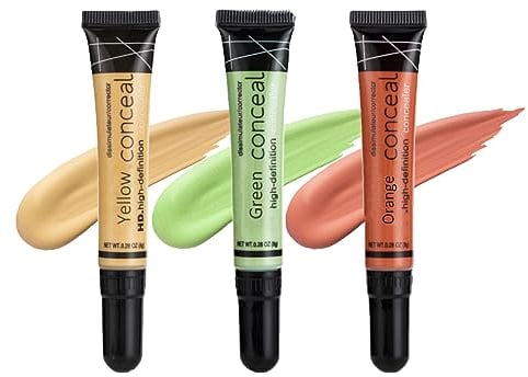 Set di 3 correttori a copertura completa, per occhiaie, imperfezioni, macchie, correttore liquido idratante e di lunga durata per opacità rossore e borse per gli occhi (3 pezzi, arancione, giallo,