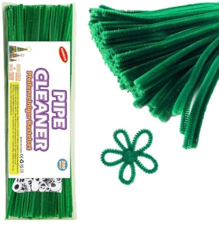 KIMMAX 100 Pfeifenreiniger Grün Bastelset und 100 Googly Eyes -Chenilledraht 30cm- Pfeifenputzer für Kinder Basteln DIY Projekte und Dekorieren (Hellgrün）