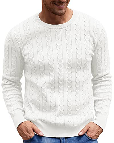 NITAGUT Men's Jumpers Sweater Crewneck Cable-Knit Pullover Sweater Wjite,Large White