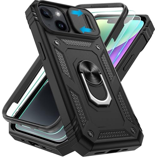 Pilaru 3 in 1 for iPhone 13/14 Case |With Front Frame| [2 Separate Screen Protectors] & Kickstand Ring & Camera Cover Military Grade Drop Shockproof Protection for iPhone 13/14 Phone,Black
