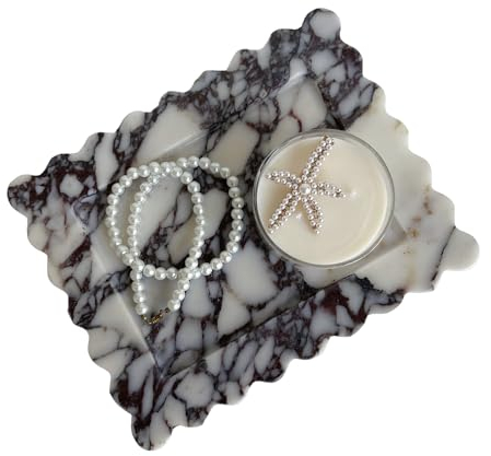 SAIDKOCC Natural Rectangle Travertine Tray, Scalloped Edge Marble Tray, Handmade Decorative Tray, Nightstand and Desk Wave Tray (Calacatta Purple), HX-0104