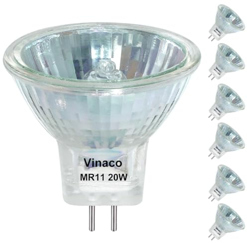 Vinaco GU4 20W, 6 Pack Hohe Leistung 250LM MR11 GU4 Halogen, Langlebig MR11 12V 20W Dimmbar mit Glasabdeckung, Halogen GU4 Warmweiß 2800K Fiber Optic Light Bulb, Halogen 12V 20W GU4 mit GU4 Base