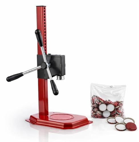 VIRSUS Tappatrice a Cremagliera 3 Leve RE220, Misura 27x52 cm, Peso 3,25 kg, Capsulatrice a Colonna Manuale da Tavolo per Tappi Corona Ø 26 mm Bottiglie Vino Birra + 100 Tappi a Corona Diam 26 mm