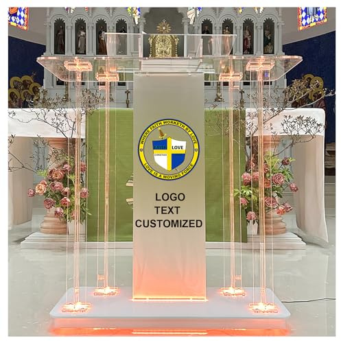 Vakiorn Customized Kirche Kanzel mit 15 Farben einstellbar und 4 blinkende Modelle, 46 Klar Acryl Podium mit Rädern &Vertikale Leseplattform, Rednerpulte für Kirchen Eingang, Klassenzimmer
