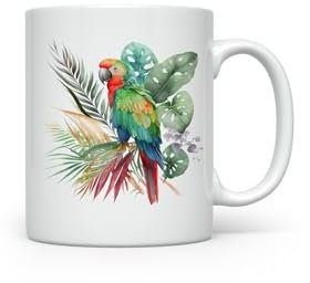 MAXIKIWI - Tasse à café ou à thé en céramique lisse et durable pour la maison ou le bureau – Parfait pour toutes les occasions – Perroquet avec palmier monstera – 300 ml