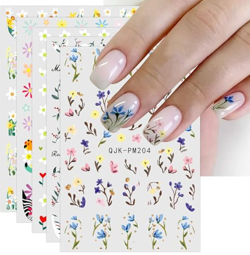 JMEOWIO 10 Sheets Flower Nail Art Stickers Decals Self-Adhesive Spring Summer Line Colorful Floral Nail Supplies Nail Art Design Decoration Accessories