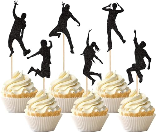 24 Stück Jump Trampolin Tortendeko Glitzer Sport Fitness Cupcake Toppers für Let's Jump Thema Kuchen Deko Baby Dusche Geburtstag Party Kuchen Dekorationen Schwarz